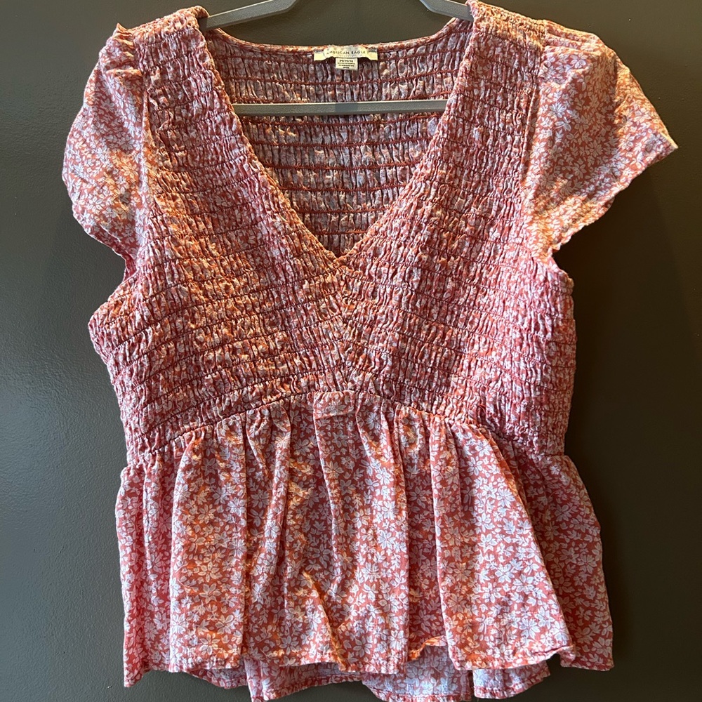 American Eagle Outfitters Pink Floral Smocked Blouse
